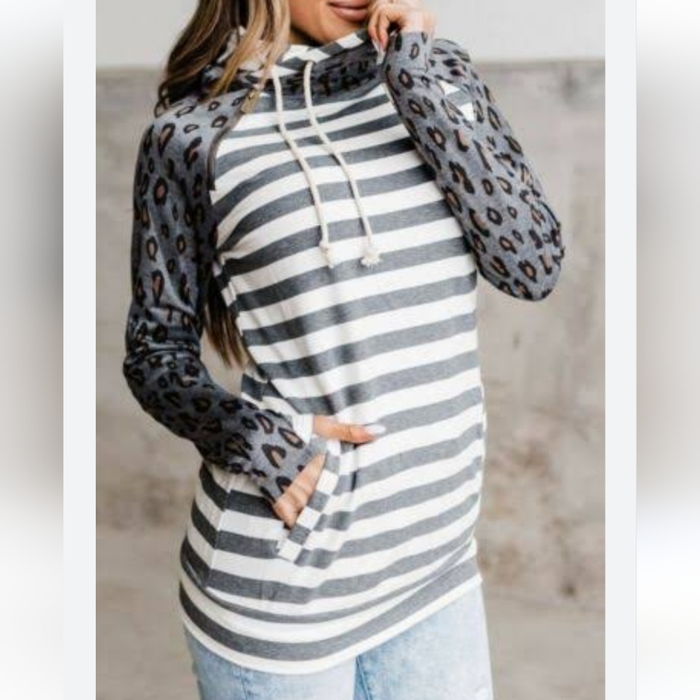 AMPERSAND AVE Gray and White Striped Hoodie